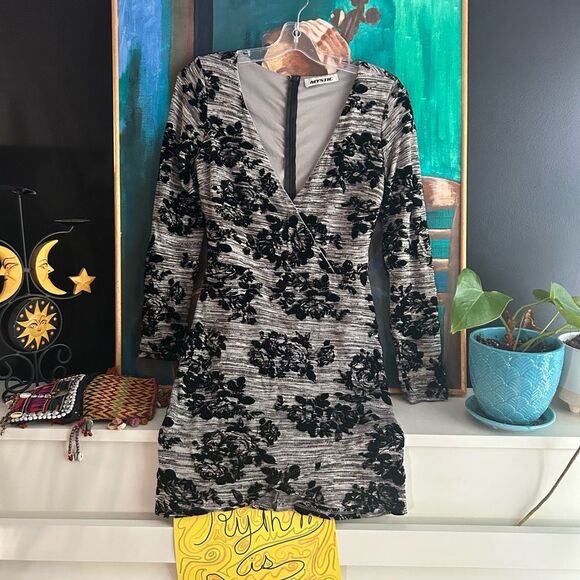 Y2K Mystic Elegant Black and Gray Velvet Floral Dress M - Picture 2 of 16